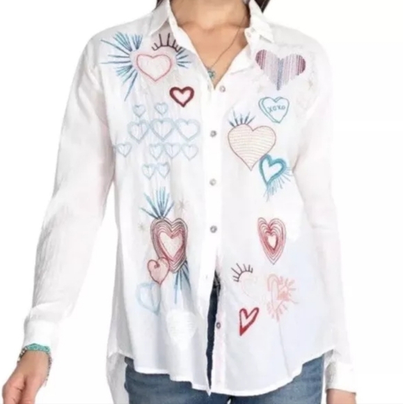 Johnny Was workshop oversize Love Amour shirt embroidered hearts size S - Picture 2 of 14